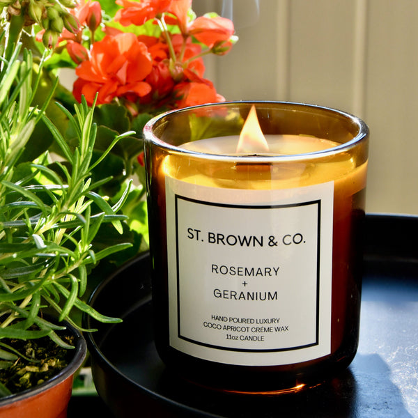 Rosemary + Geranium 11oz St. Brown & Co. Candle in Amber