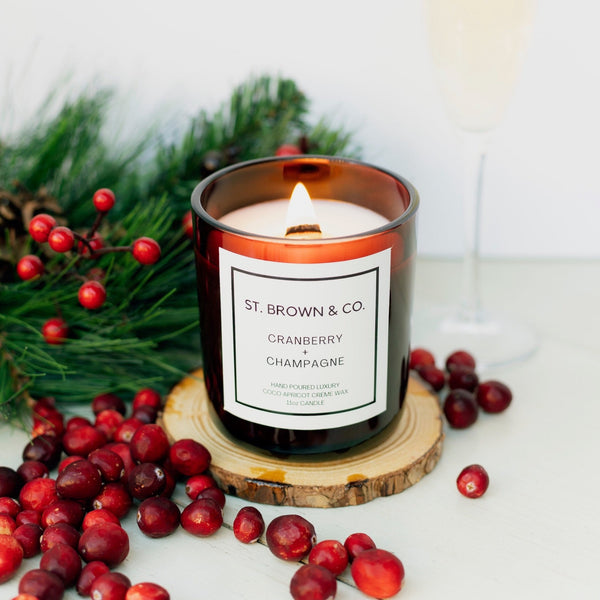 Cranberry + Champagne 11oz Luxury Hand Poured Candle in Red Glass